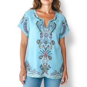 4/$20 Soft Surroundings Petite Teal Embroidered Blouse